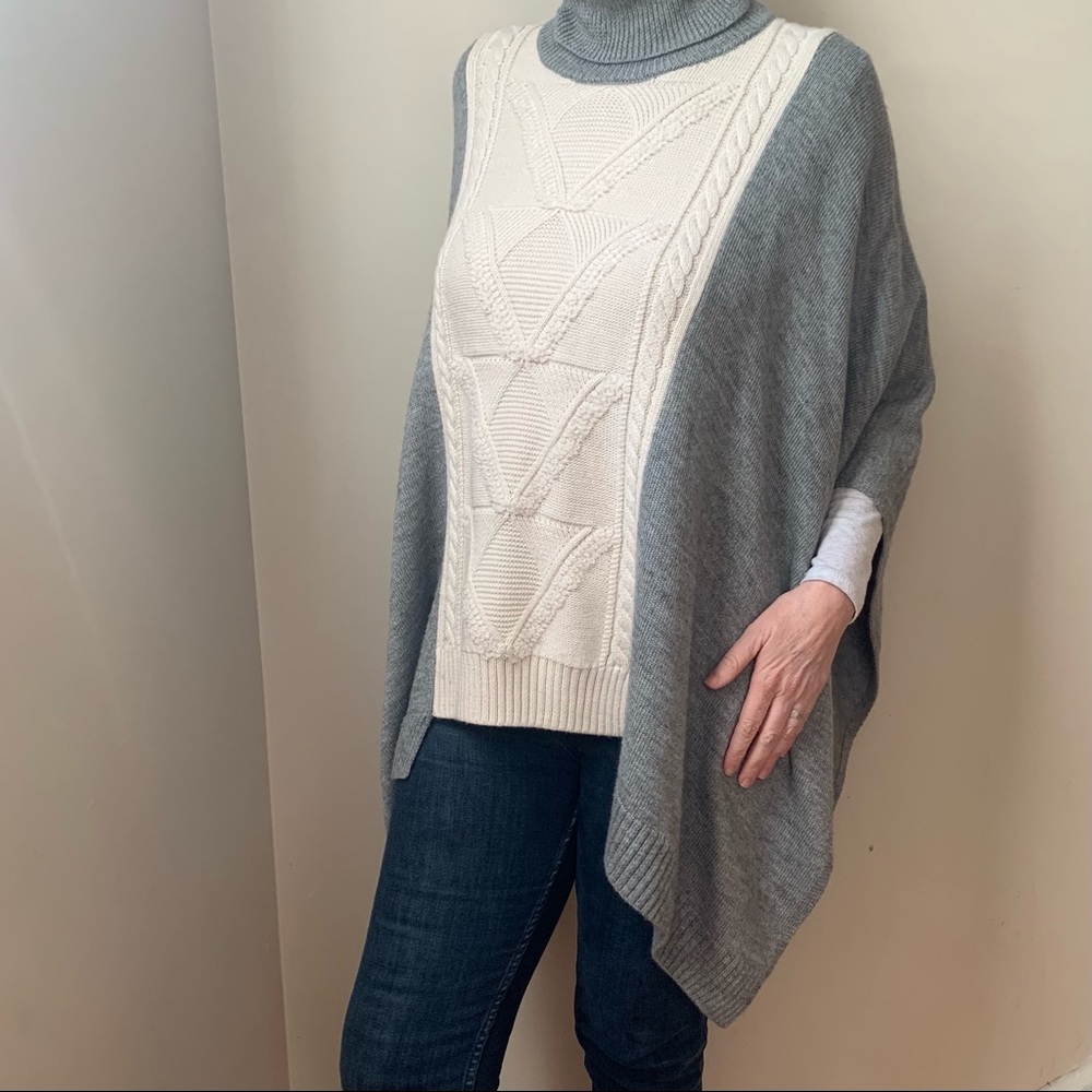 Women’s Wool Blend Chunky Knit Poncho Turtleneck Cream Grey One Size - Picture 5 of 15